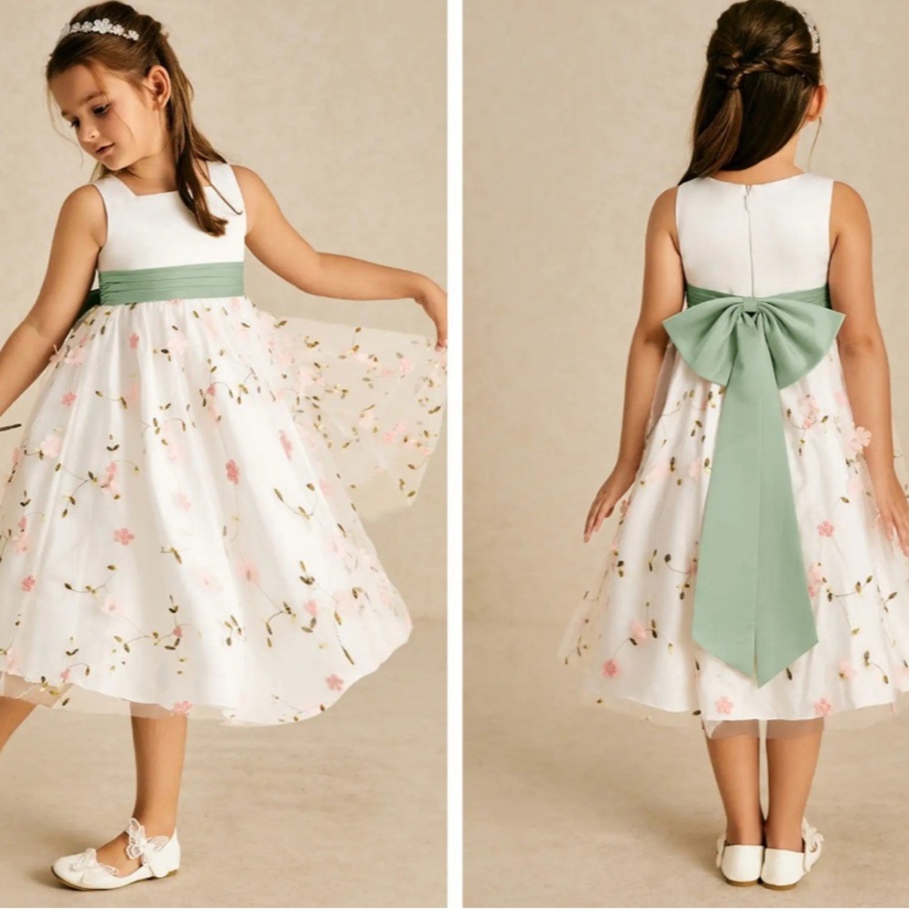 Azazie Pollie Blushing Pink Dusty Sage A-Line Bow Tulle Dress Size 2 - Toddler